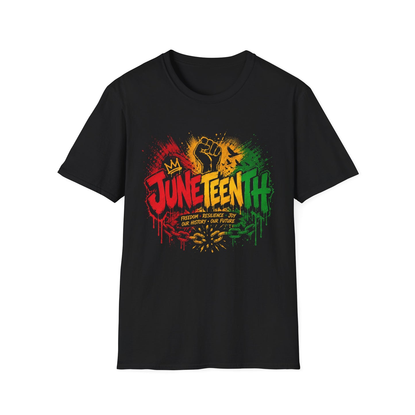 Juneteenth Celebration T-Shirt – Black Power Fist Red/Yellow/Green Design
