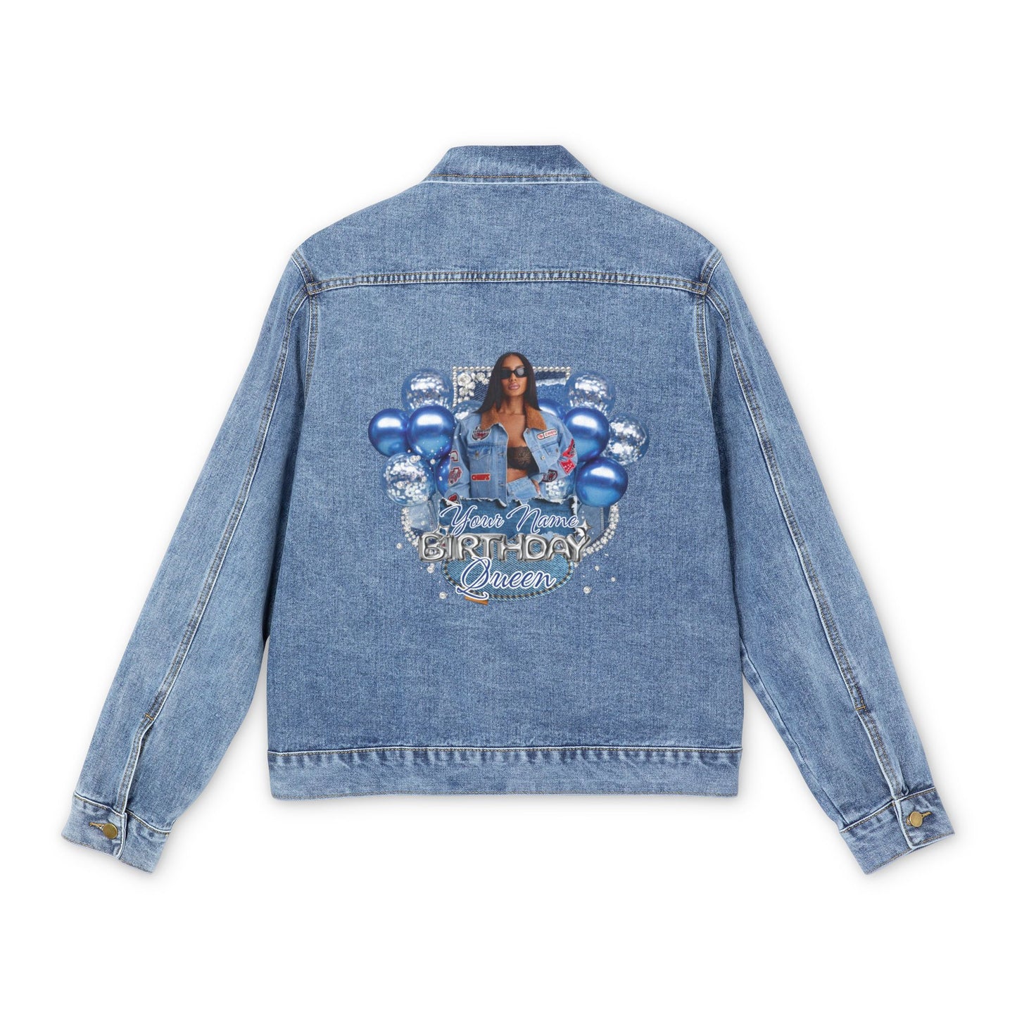 Denim Jacket — Birthday Queen Custom Photo Backprint with Blue Balloons