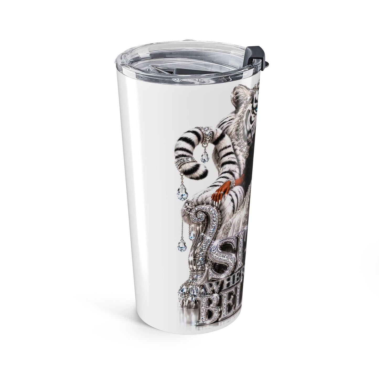 20oz Queen Tumbler — Black Woman on Throne with White Tiger Design