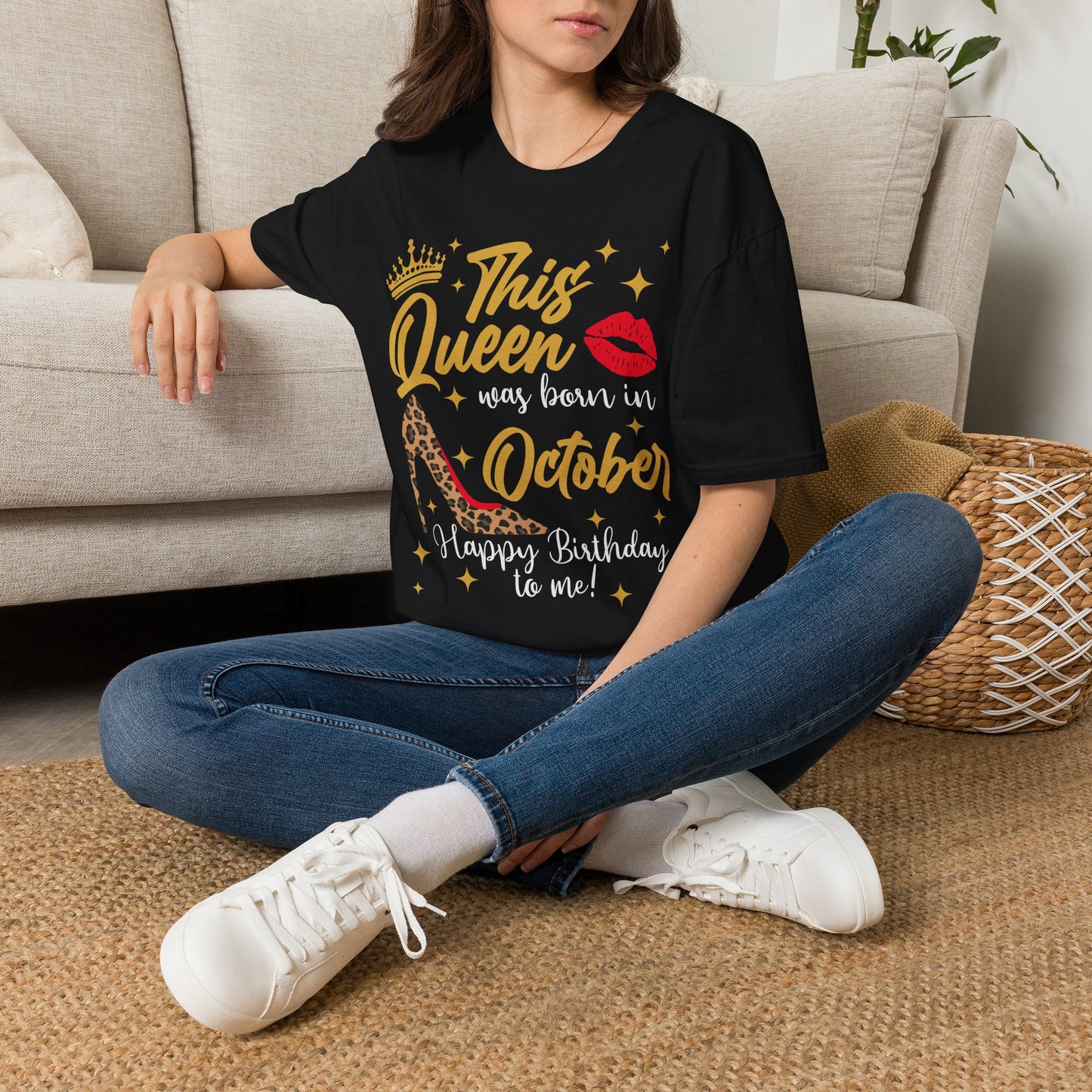 This Queen Was Born in October T-Shirt — Birthday Crown & Lip Print