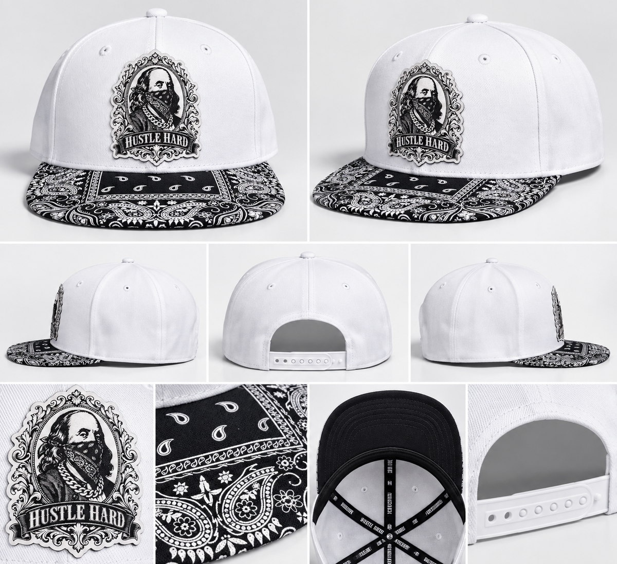 Hustle Hard White Bandana Snapback Hat